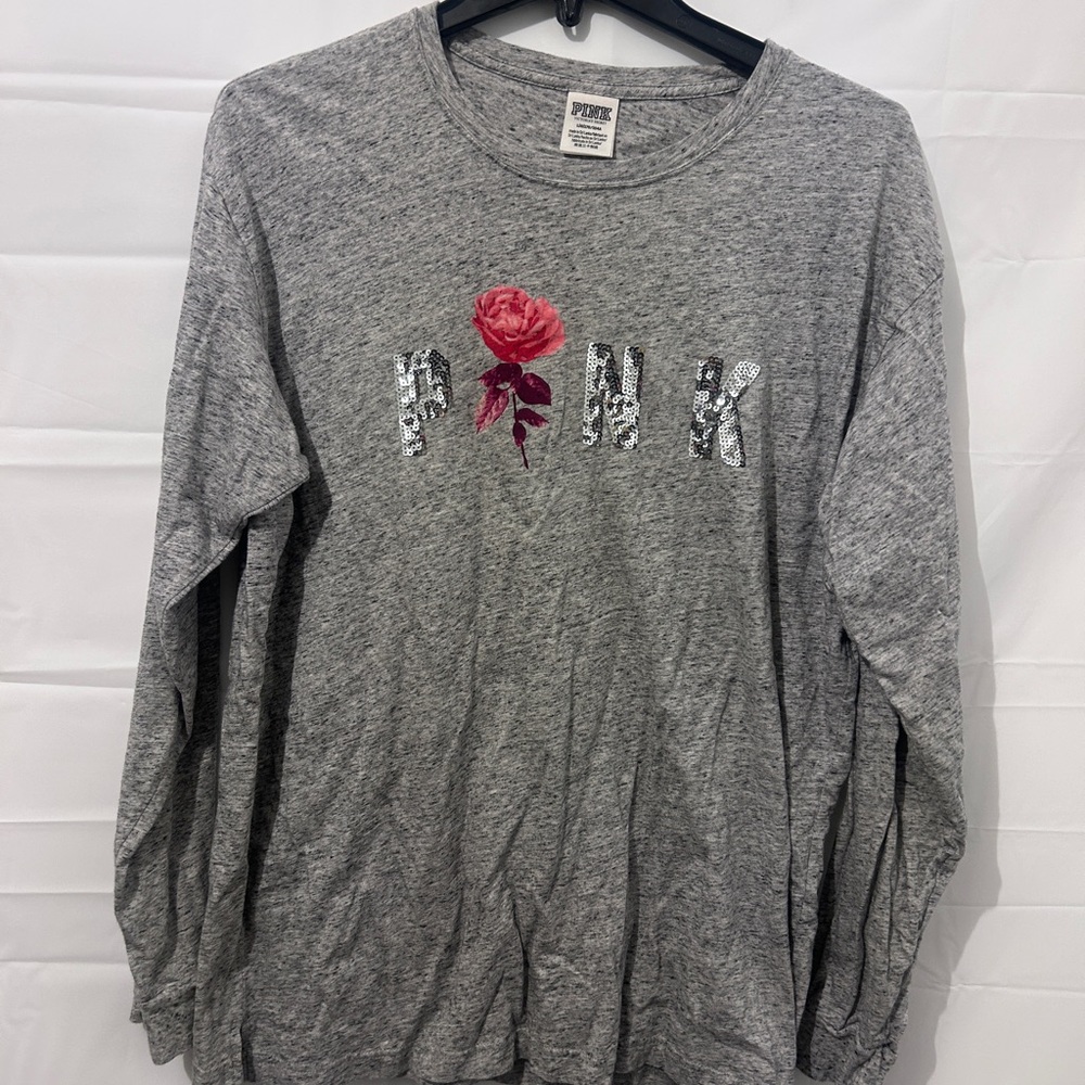 Victoria's Secret PINK Gray Tee with Pink Rose Graphic